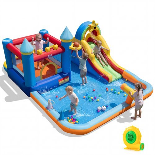 Costway - Giant Water Slide Bounce House with Climbing Wall, Splash Pool & Basketball Hoop With 680W Blower - Colorful-Front_Standard 