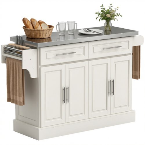 Homcom - Kitchen Island with Stainless Steel Top, 2 Drawers, Spice, Knife and Towel Rack and Cabinets - Cream White-Front_Standard 