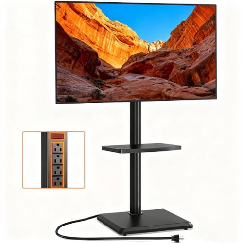 FINEAK - Universal Floor TV Stand with Built-In Power Strip and Switch, 4 AC Outlets, 6.5ft Copper Power Cord - Black-Front_Standard 