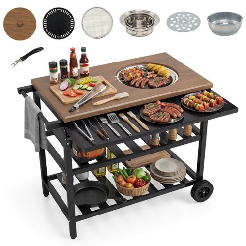 Costway - Outdoor Dining Cart with Korean BBQ Grill Folding Side Panel 2 Shelves for Camping - Natural + Silver + Black-Front_Standard 