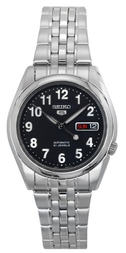 Seiko - 5 Automatic 21 Jewels SNK381K1 Mens Watch Stainless Steel Dial Day/Date Display 30M - Black-Front_Standard 
