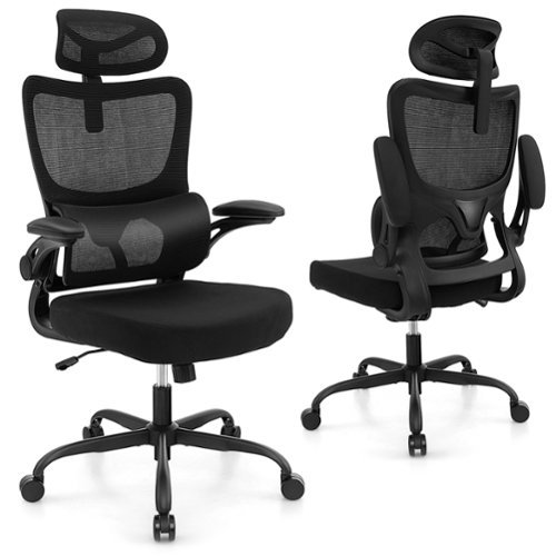 Costway - Mesh Office Chair with Adaptive Lumbar Support Flip-up Padded Armrests Headrest - Black-Front_Standard 