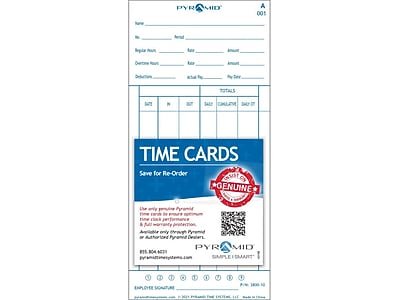 Pyramid - Time Cards for 3800 Time Clock, 100/Pack (3800-10) - White