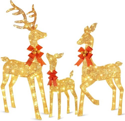 Nordic Hygge - 3-Piece Large Lighted Christmas Deer Family Set, Outdoor 5FT Christmas Reindeer Holiday Yard Decoration - Gold-Front_Standard 