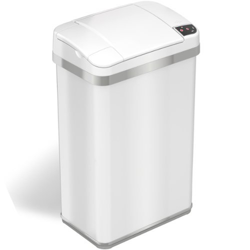 iTouchless - 4 Gallon Touchless Sensor Trash Can with AbsorbX Odor Control and Fragrance, White Stainless Steel Bathroom Garbage Bin - Pearl White-Angle_Standard 