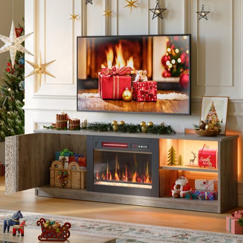 Pinmoco - TV Stand with Electric Fireplace LED TV Console Fits TVs up to 70 inch with Cabinet & Shelves - Gray-Front_Standard 