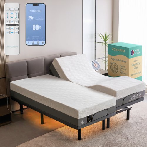 Renanim - SF Split King Adjustable Bed with Mattress - 12" Cooling Gel Hybrid Mattress, Massage, Zero Gravity Electric Bed - Gray-Front_Standard 