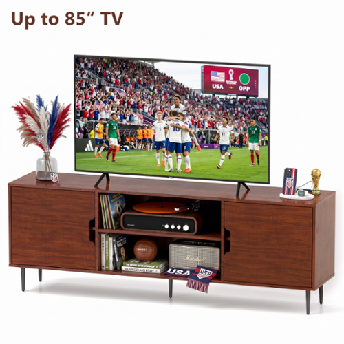 Skyzoo - Mid-Century TV Stand for 50-85" TVs, Media Console with 2 Storage Cabinets & Open Shelves for Living Room - Walnut-Front_Standard 