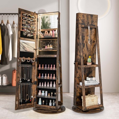 Costway 360° Swivel Jewelry Cabinet Organizer 3-Color LED Mirror with Built-in Lights - Coffee
