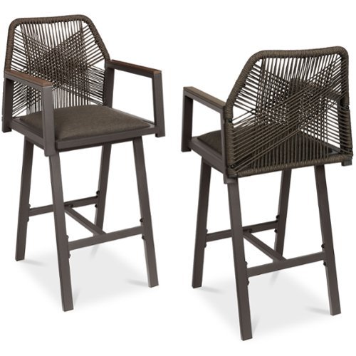 Best Choice Products - Set of 2 Indoor/Outdoor Aluminum, Woven Rope Swivel Barstools w/ Armrests - Brown/Mocha-Front_Standard 