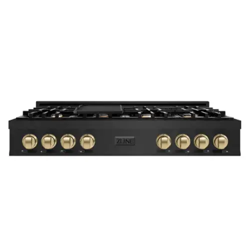 Front. ZLINE - ZLINE Autograph 48 in. Slide-In Classic Rangetop w/ 8 Burners in Black Stainless Steel & Bronze Accents - Black Stainless Steel.