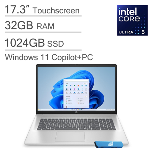 2025 HP 17 Laptop AI PC 17.3" HD+ Touchscreen Laptop Intel Ultra 5 225U - 32GB RAM - 1TB SSD - Windows 11Pro - IST Hub - Silver-Front_Standard 