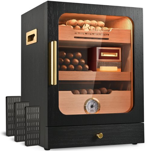 KingChii - 20L Cigar Humidor Cabinet, 100-Cigar Spanish Cedar Storage Box with 3 Humidifiers & 3-Color LED - Black-Front_Standard 