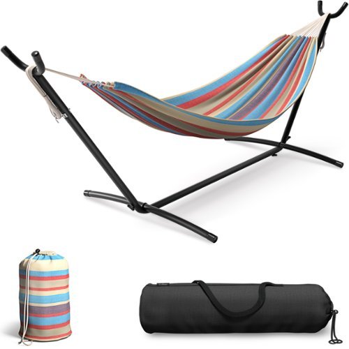 Sorbus - Double Hammock With Steel Stand - Portable Carrying Case Included - Blue sand purple red stripes-Front_Standard 