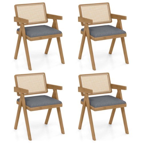 Costway Set of 4 Rattan Accent Chairs Leathaire Dining Chairs Modern Living Room Chairs - Gray + Natural