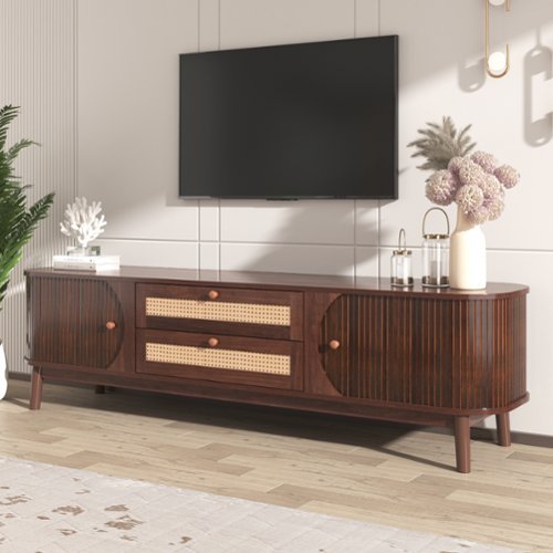 Bestier - Farmhouse TV Stand for TVs up to 75'', Modern Rattan Media Console, Entertainment Center with Cabinet for Living Room - Brown-Front_Standard 