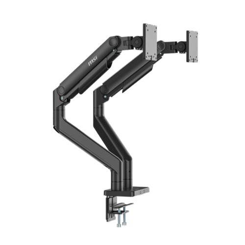 MSI - MT201D Dual Monitor Arm – Heavy Duty Adjustable Spring Desk Mount, VESA Compatible, 17–45in, 44 lbs, Clamp & Grommet - Matte Black