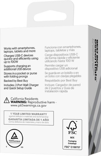 Best Buy essentials™ 100W Dual Port USB-C and USB Wall Charger for MacBook Pro, iPad, iPhone, Apple Watch, Smartphones & other USB-C Devices - Black BUY ONLINE
