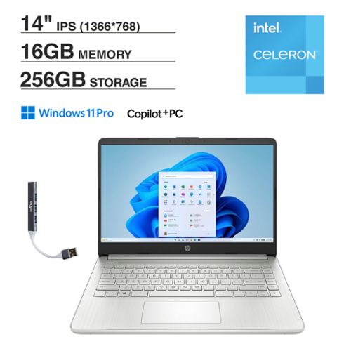 HP - 14 Laptop 14.0 HD Display (Intel Celeron N4500, 16GB DDR4, 256GB PCIe SSD, Intel UHD, Win 11 Pro) w/USB Hub - Snowflake White-Front_Standard 
