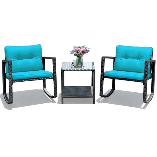 Costway 3PCS Patio Rattan Furniture Set Rocking Chairs Cushioned Conversation Set - Blue