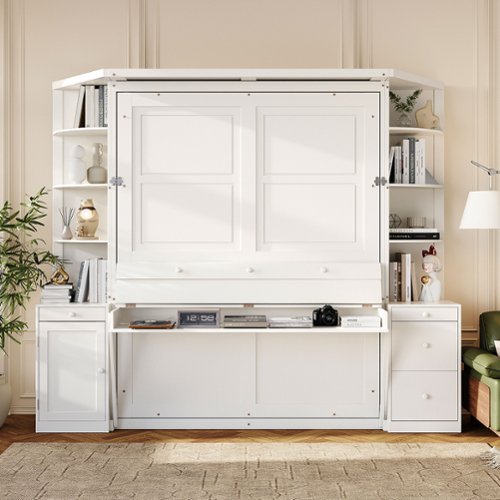 Anysun - Queen Murphy Bed with Desk, Storage Shelves and Cabinets, Hidden Wall Bed for Space-Saving Home Office - White-Front_Standard 