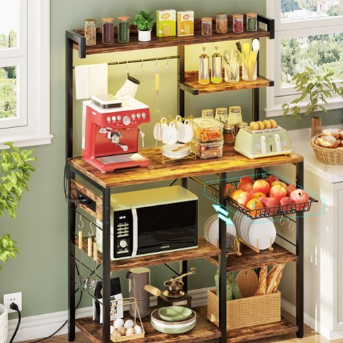 Aheaplus - 7-Tier Baker's Rack with Power Outlet and LED Light, Microwave Oven Stand with 10 Hooks for Kitchen - Brown-Front_Standard 
