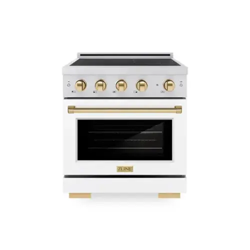 Front. ZLINE - Autograph 30 in. 4.2 cu. ft. Paramount Freestanding Induction Range with 4 Burners and Gold Accents with White Door - Matte White.