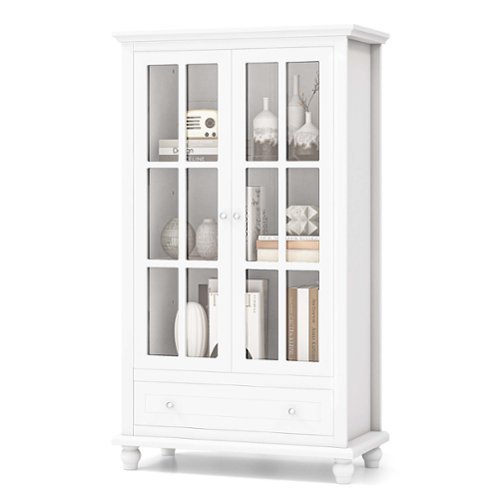 Costway Bookcase Cabinet Storage Bookshelf Organizer Tempered Glass Doors Shelf Drawer - White