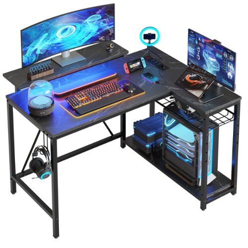 Bestier - L-Shaped Gaming Desk with Power Outlets LED Lights and Reversible Storage Shelves & Hooks - 42" Wide - Black