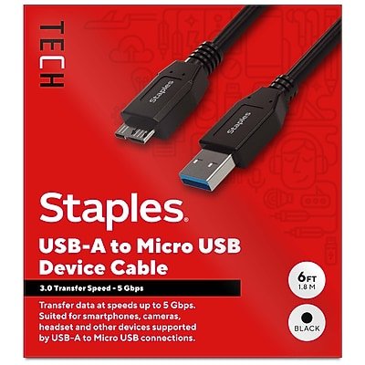 Staples TECH - 6 ft. USB-A to Micro USB Type B Cable, Male to Male, (ST62441) - Black