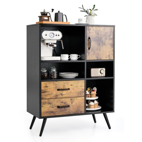 Costway Industrial Buffet Sideboard Storage Cabinet Organizer Cupboard with Cubbies Drawers - Rustic Brown/Black