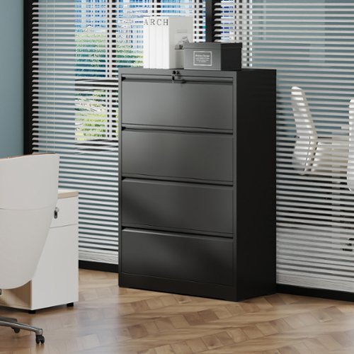 GOODSILO - 4 Drawer Lateral File Cabinet with Lock - Heavy-Duty Metal Filing Cabinet for Home Office - Black-Front_Standard 