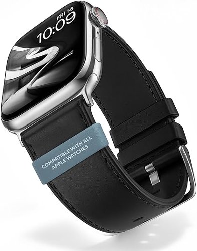 MobyFox - Leather Band for Apple Watch – Compatible Apple Watch Band for iWatch Series 11 10 9 Ultra 8 7 6 5 4 3 2 1 SE - Black-Front_Standard 