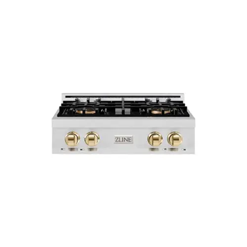 Front. ZLINE - ZLINE Autograph 30 in. Satin Steel Classic Built-In Gas Cooktop with 4 DuoPro Burners and Gold Accents (PCRTSZ-30-G) - Stainless Steel.