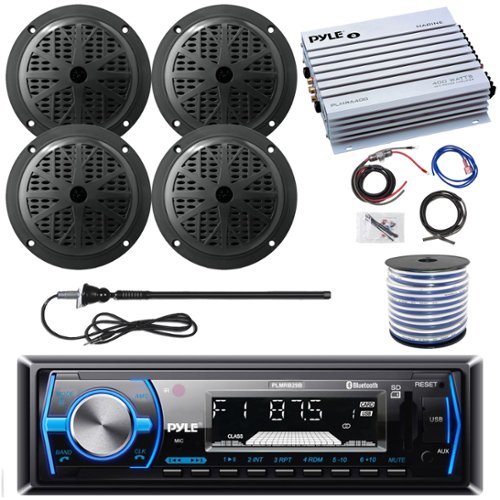 Pyle - Single DIN Bluetooth Marine Stereo Receiver, 4x 5.25'' Speakers,  4-Channel Amplifier w/ Wiring Kit, Wire, Antenna-Front_Standard 
