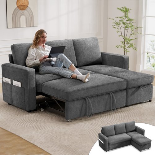 Dyonery - 81" Sleeper Sofa Bed, 2 in 1 Pull Out Couch with Reversible Storage Chaise, Dark Grey - Gray-Front_Standard 