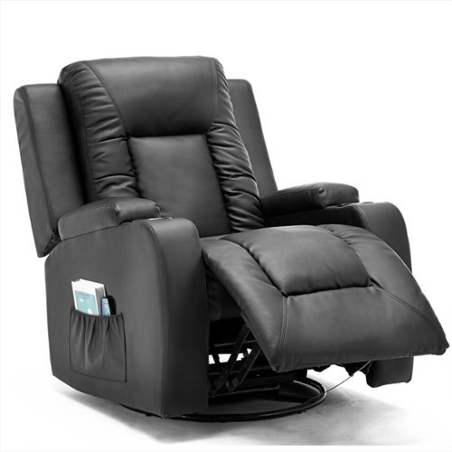 CloudRest Pro - Recliner Chair with Cup Holders,Heat and Massage PU Rocking Chair - Black-Front_Standard 