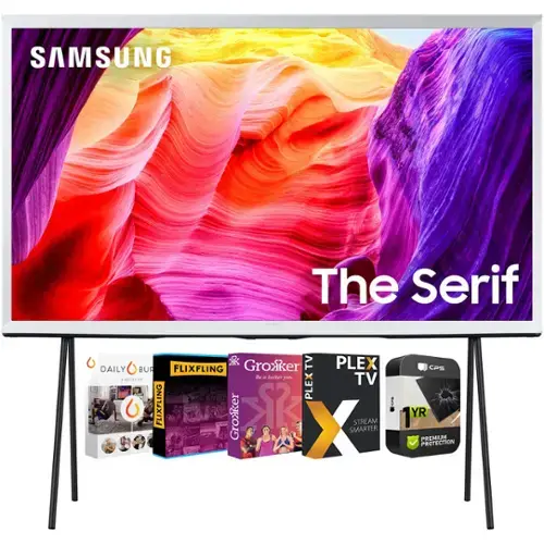 SAMSUNG  
The Serif  

DAILY BUZZ  
FLIXFLING  
Grokker TV  
PLEX TV  
CPS  
1 YR PREMIUM PROTECTION  

STREAM SMARTER  
Be a better you.  
A better you.  
A better you.