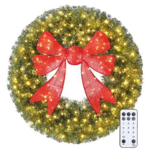Homcom - 36in Pre-Lit Artificial Xmas Wreath, 3D Red Bow, 11 Modes, Remote, 140 LEDs, 300 Tips, Indoor Outdoor - Green-Front_Standard 