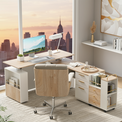 ModernMate - 63" Standing Desk , Privacy Panel, AC/USB , Home Office Table with 3 Drawers - Light Walnut-Front_Standard 