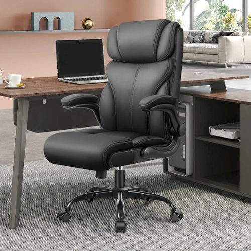 Brick Attic - Office Chair, Ergonomic Computer Desk Chairs, Executive Leather Chair with Adjustable Flip-up Armrests, Rocking Function - Black-Front_Standard 