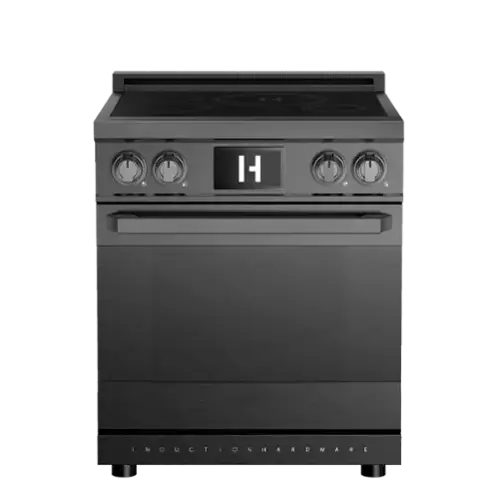Front. Induction Hardware - Professional 30 Inch Induction Range with Convection Oven & Air Fry, 4 Burner Electric Stove, Pizza Stone - Black.