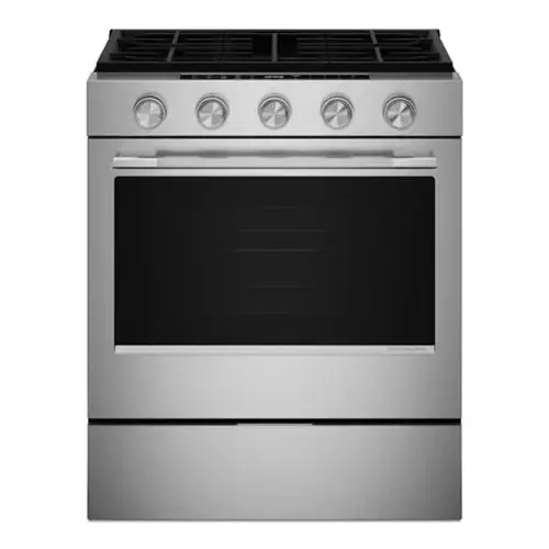 Front. KitchenAid - 30 in. Wide 5 burners 5.0 cu. ft. Slide-in Gas Range with Convection Cooking Modes - Fingerprint Resistant Stainless Steel.