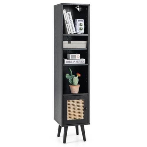 Costway - Rattan Storage Cabinet Freestanding Slim Organizer Wood Display Rack Living Room - Black-Front_Standard 