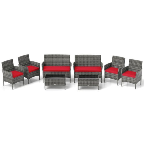 Costway - 8 PCS Patio Furniture Set with Washable Cushions and Tempered Glass Coffee Table - Red,Mix Gray-Front_Standard 