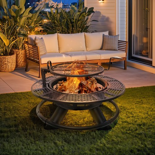 Bestier - 47" Wood Burning Fire Pit Outdoor Backyard Patio Fire Pit with Cooking Grill Grate - Wilderness Style - Black-Front_Standard 