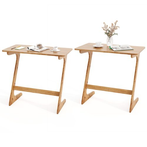 Costway 2 PCS Bamboo Sofa Side Table Z-Shaped Spacious Tabletop Space-Saving TV Snack Tray - Natural