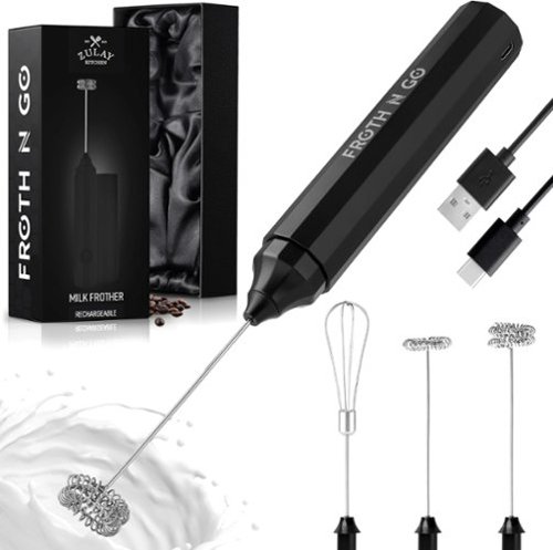 Zulay Kitchen - 3-in-1 Froth N Go Milk Frother Rechargeable - Comes with 3 Whisk Attachments - Black-Front_Standard 
