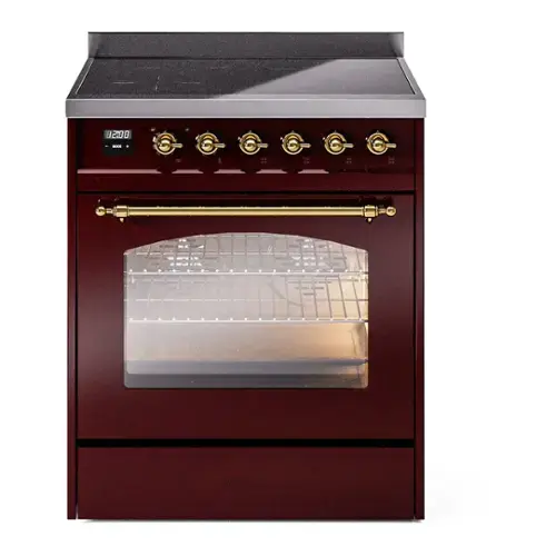 Front. iLive - ILVE Nostalgie II 30 inch Induction Range with 4 Elements (Triple Glass Door, Burgundy, Brass) - Burgundy.