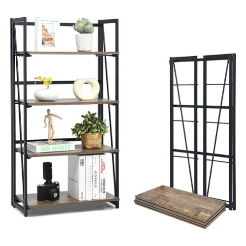 Costway - 4-Tier Folding Bookshelf No-Assembly Industrial Bookcase Display Shelves - Rustic Brown-Front_Standard 
